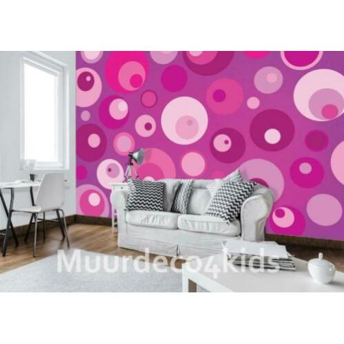 Retro behang Cirkels Roze, Blauw, Muurdeco4kids