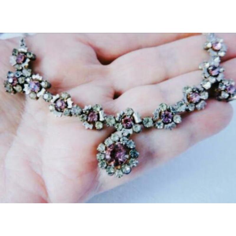 Vintage costume jewelry ketting zilver strass rhinestone