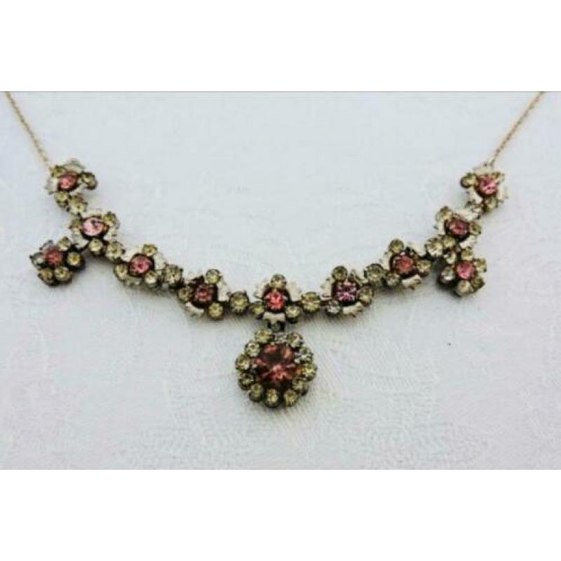 Vintage costume jewelry ketting zilver strass rhinestone