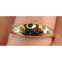 Prachtige ring met Robijn/Smaragd/Saffier/CZ 14 karaat goud