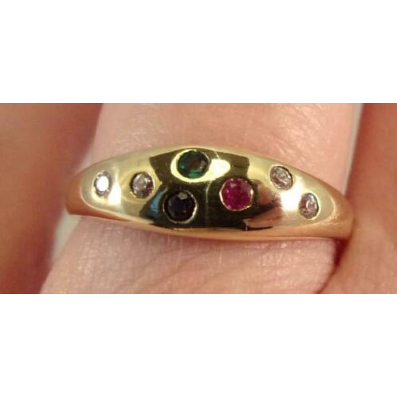Prachtige ring met Robijn/Smaragd/Saffier/CZ 14 karaat goud