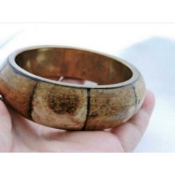 Vintage Armband bangle messing ingelegd met benen schijven.