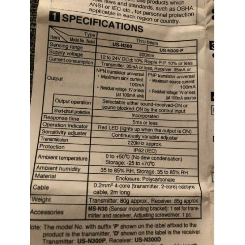 Panasonic thru beam ultrasonic sensor US-N300