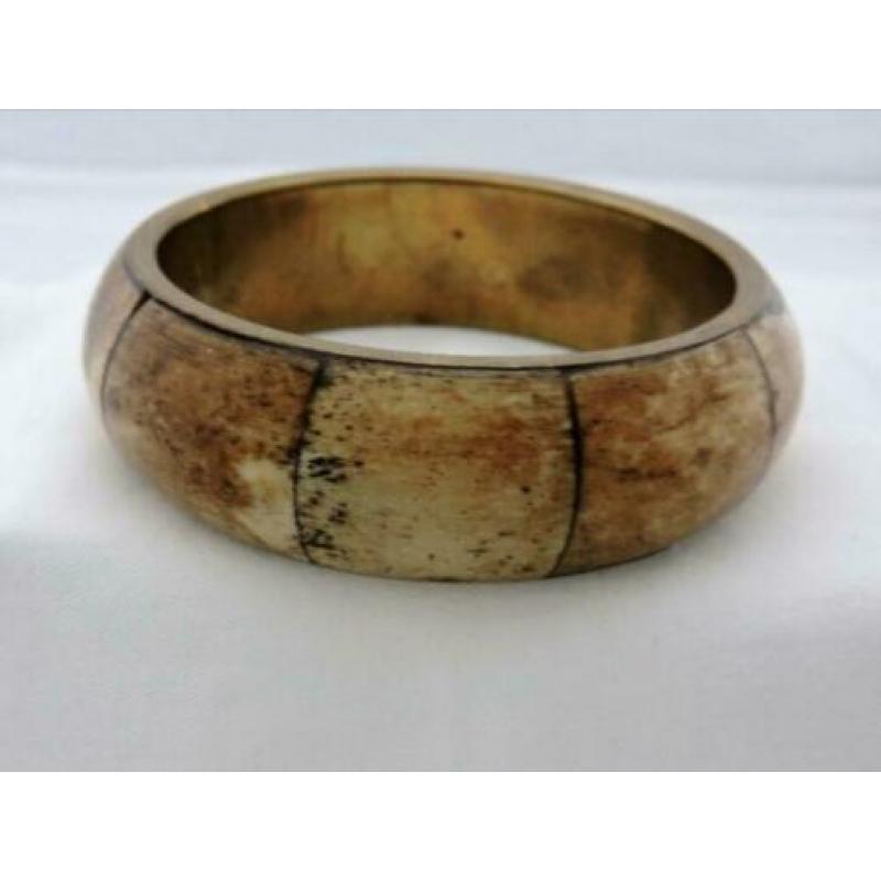 Vintage Armband bangle messing ingelegd met benen schijven.