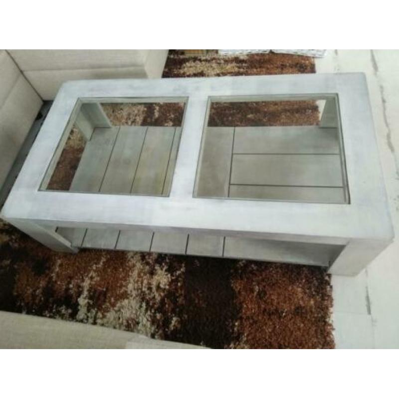Rustieke white wash salontafel met glas