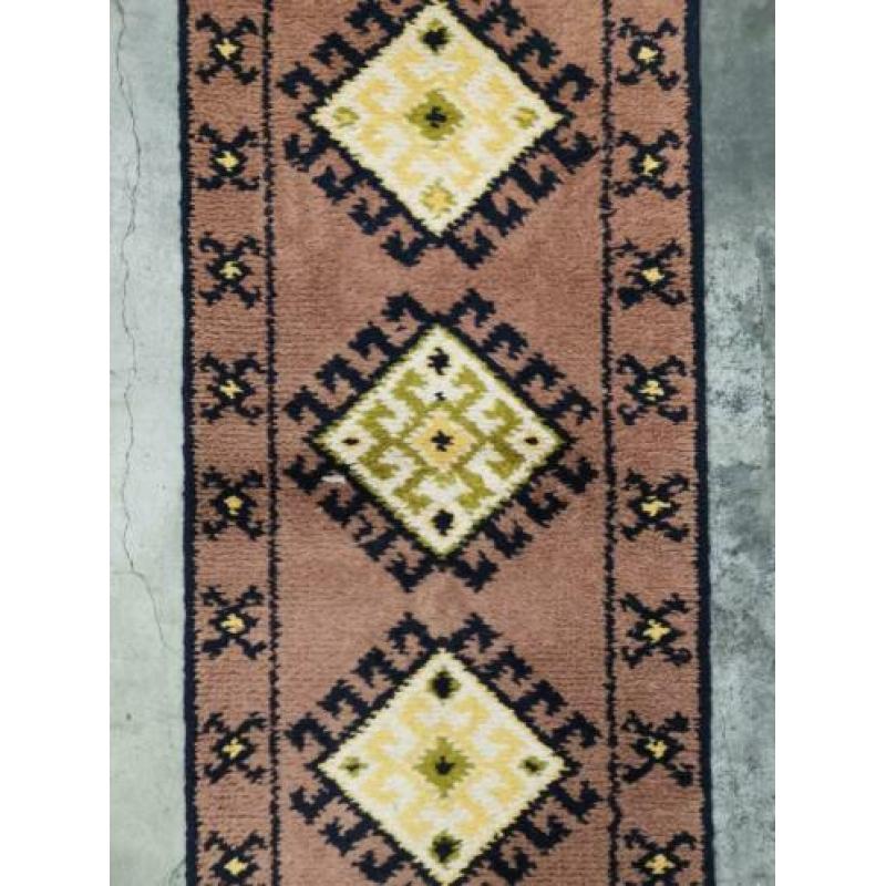 Handgeknoopt Smyrna wol tapijt retro oosters ruiten 60x255cm