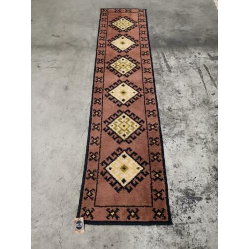 Handgeknoopt Smyrna wol tapijt retro oosters ruiten 60x255cm