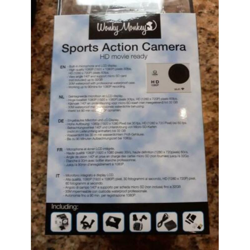 Wonky Monkey sports action camera, ongebruikt in verpakking