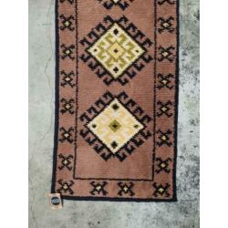 Handgeknoopt Smyrna wol tapijt retro oosters ruiten 60x255cm