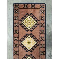 Handgeknoopt Smyrna wol tapijt retro oosters ruiten 60x255cm