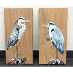 Handgeschilderd schilderij 2x Reiger op steigerhout