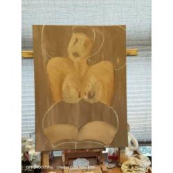 acrylverf schilderij - Zeeuwse boerin - Meriete - sepia