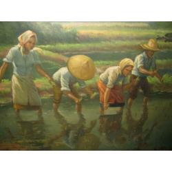 Bali, Indonesie, rijst planten, olieverf op doek
