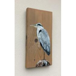 Handgeschilderd schilderij 2x Reiger op steigerhout