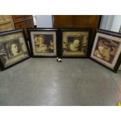 4 Prenten van dames in een mooie houten lijst