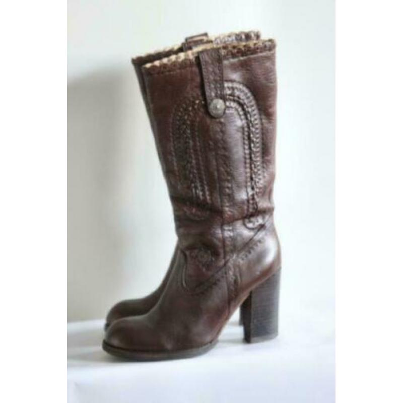 ASH - Donkerbruin lederen boots met gevlochten schacht - 38