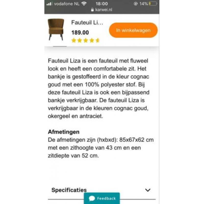 Mooie fluwelen/velvet Fauteuil cognac/goud kleur. Zie foto’s