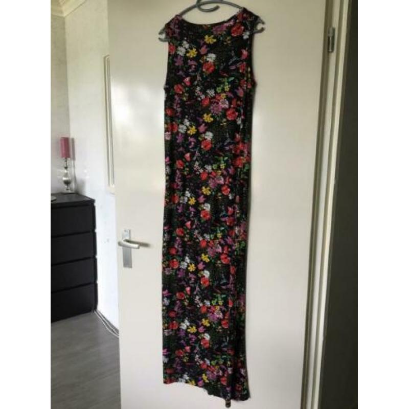 Zara maxi jurk roze geel zwart floral bloemen l 42 zgan