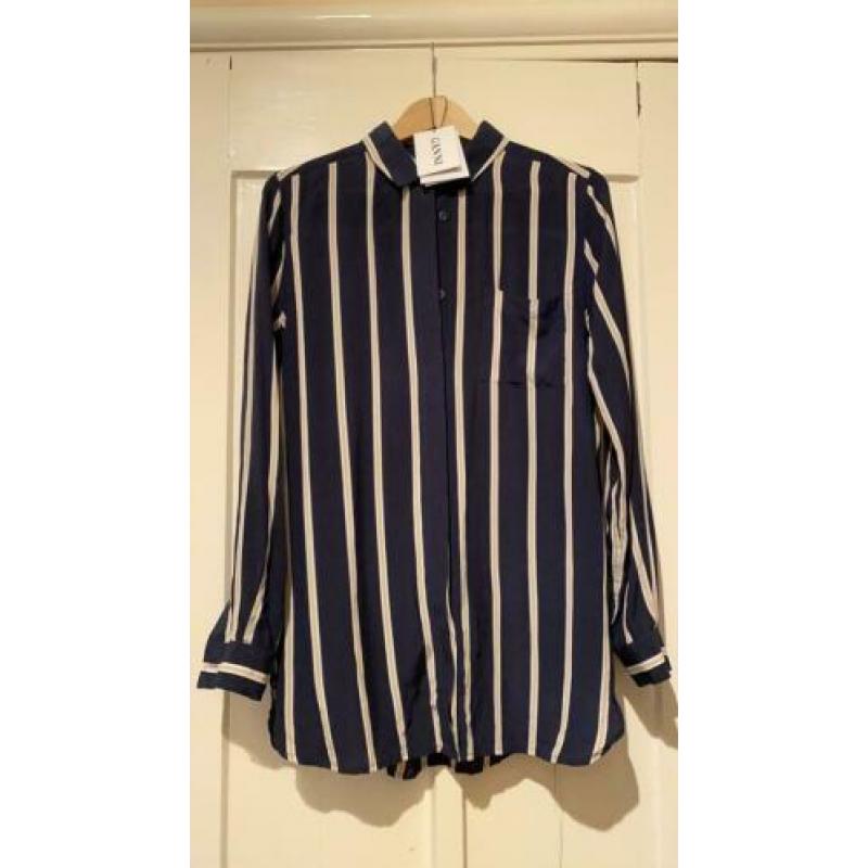 Ganni 100% zijden blouse strepen donkerblauw