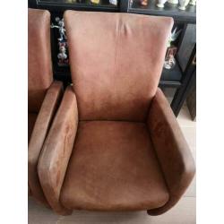 Cognac leder/suède stoelen met wieltjes