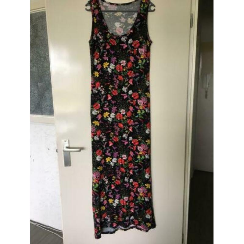 Zara maxi jurk roze geel zwart floral bloemen l 42 zgan