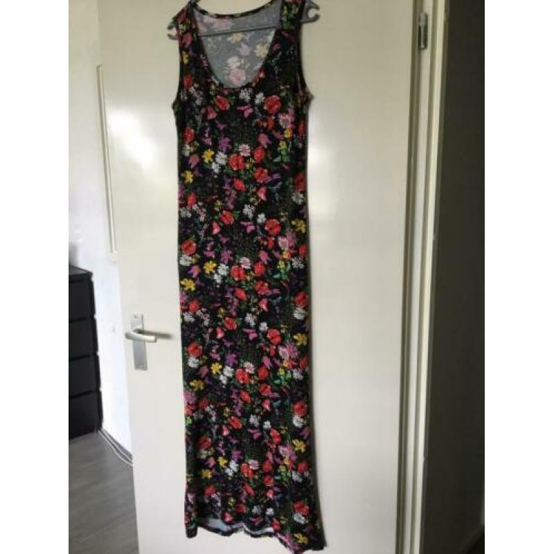 Zara maxi jurk roze geel zwart floral bloemen l 42 zgan