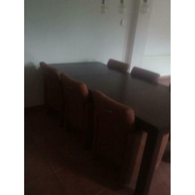 Eetkamer tafel met 6 stoelen op wieltjes