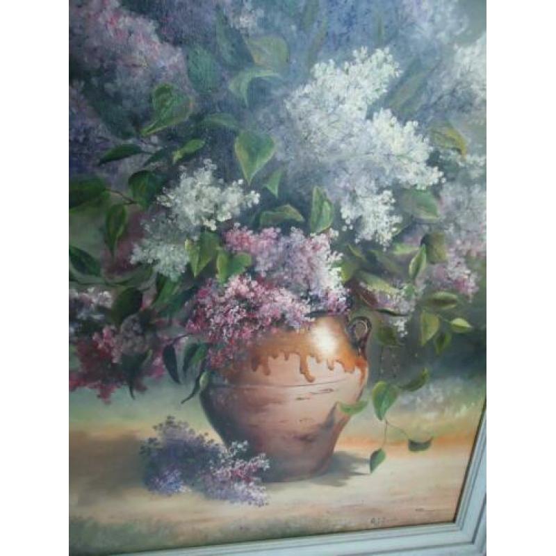 Prachtig groot bloemen schilderij gesigneerd