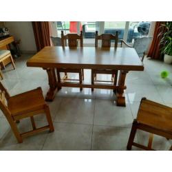 Massief eiken Salontafel, Kamertafel, 4 stoelen.