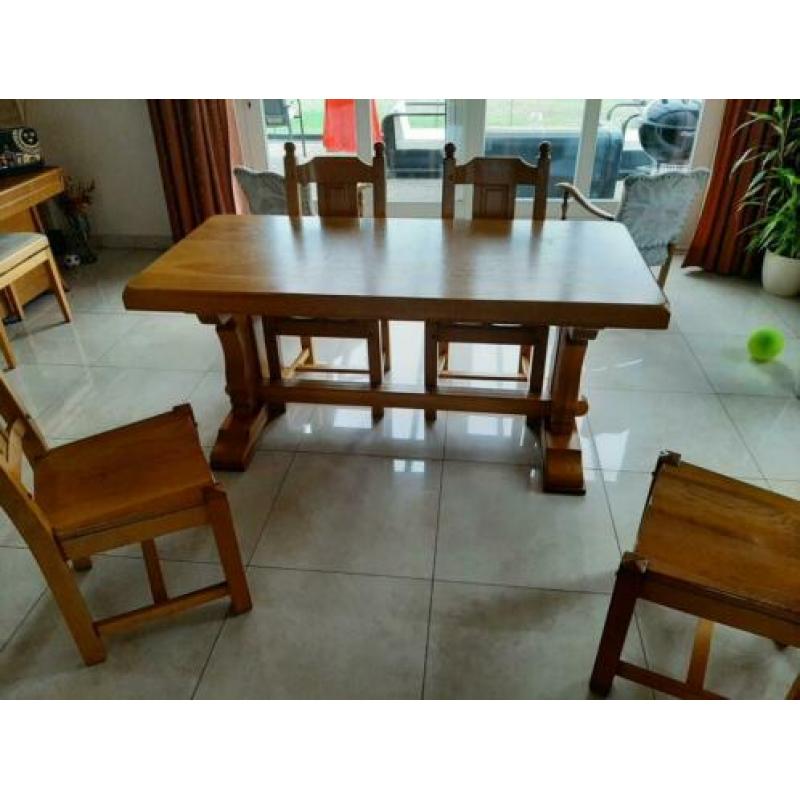 Massief eiken Salontafel, Kamertafel, 4 stoelen.