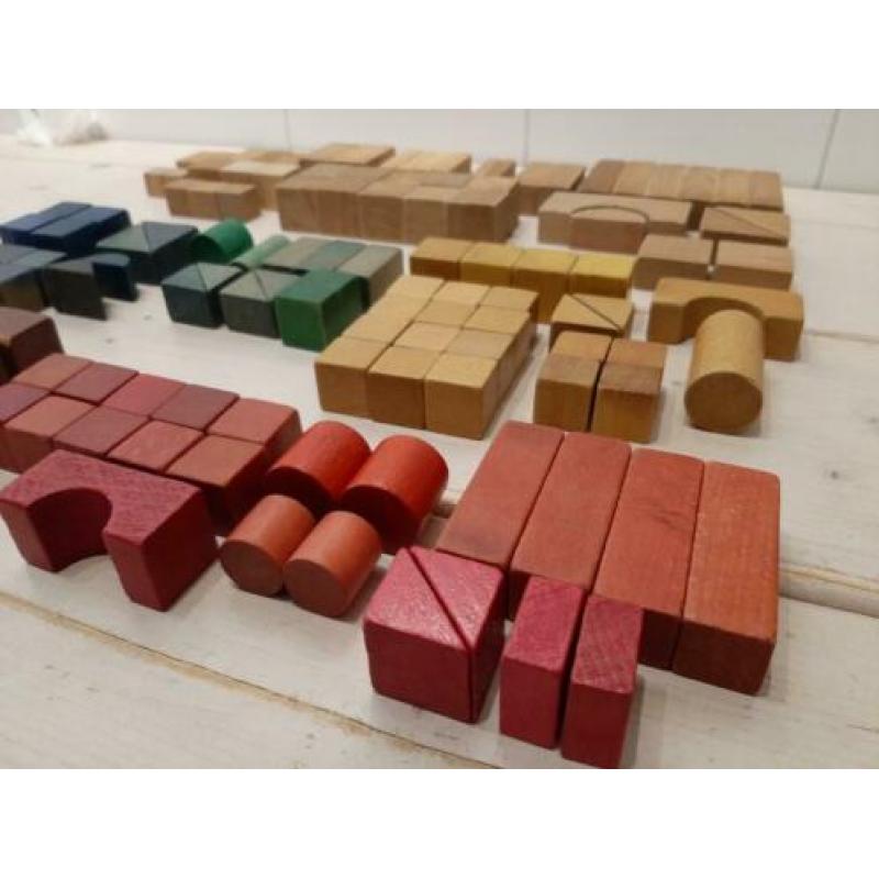 Vintage set houten blokken 125-delig in nieuwe katoenen zak