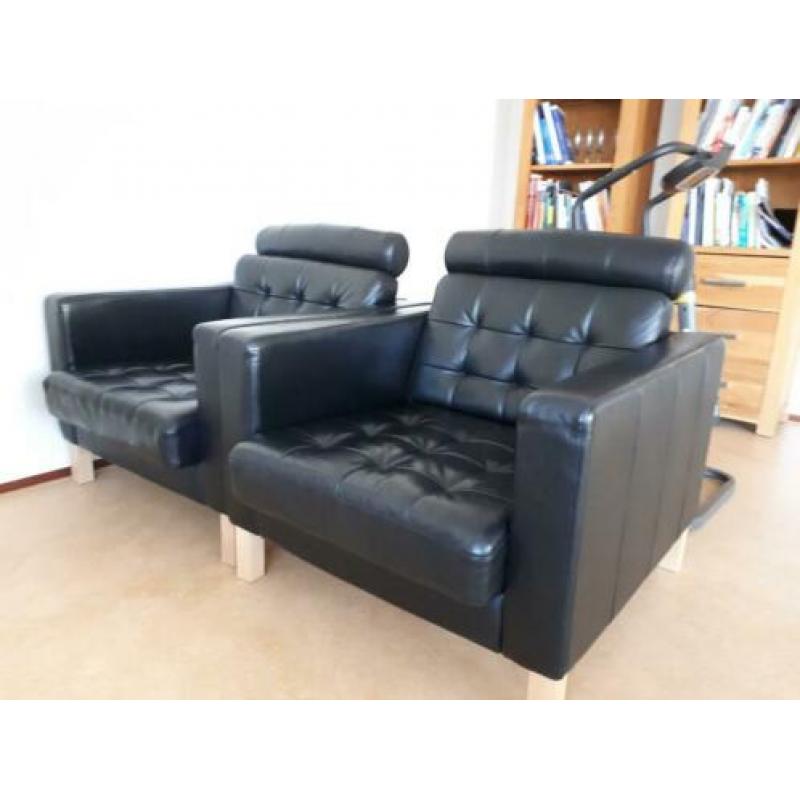 Leren, lederen bankstel met 2 fauteuls en hocker, bezorgd