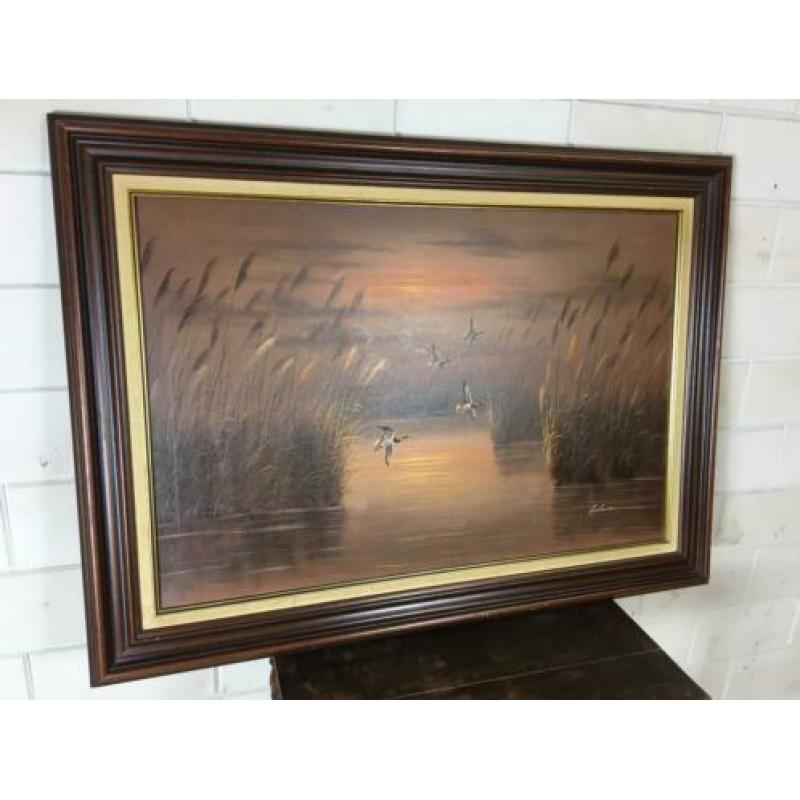 Prachtig schilderij met eenden, Schilderij in lijst