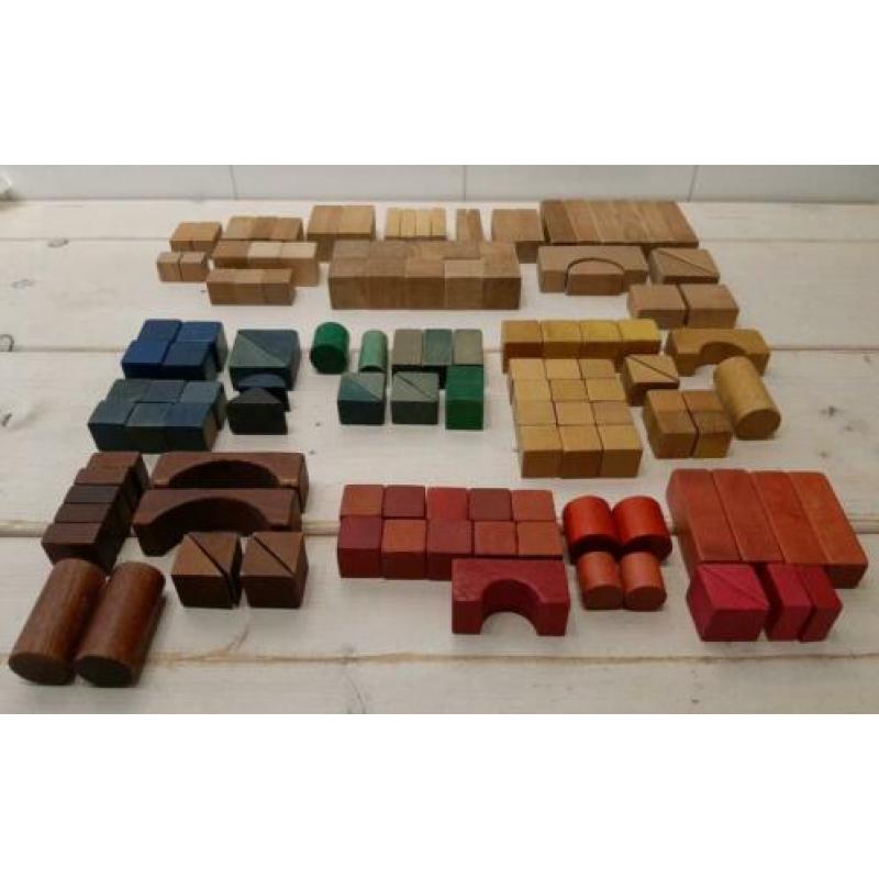 Vintage set houten blokken 125-delig in nieuwe katoenen zak