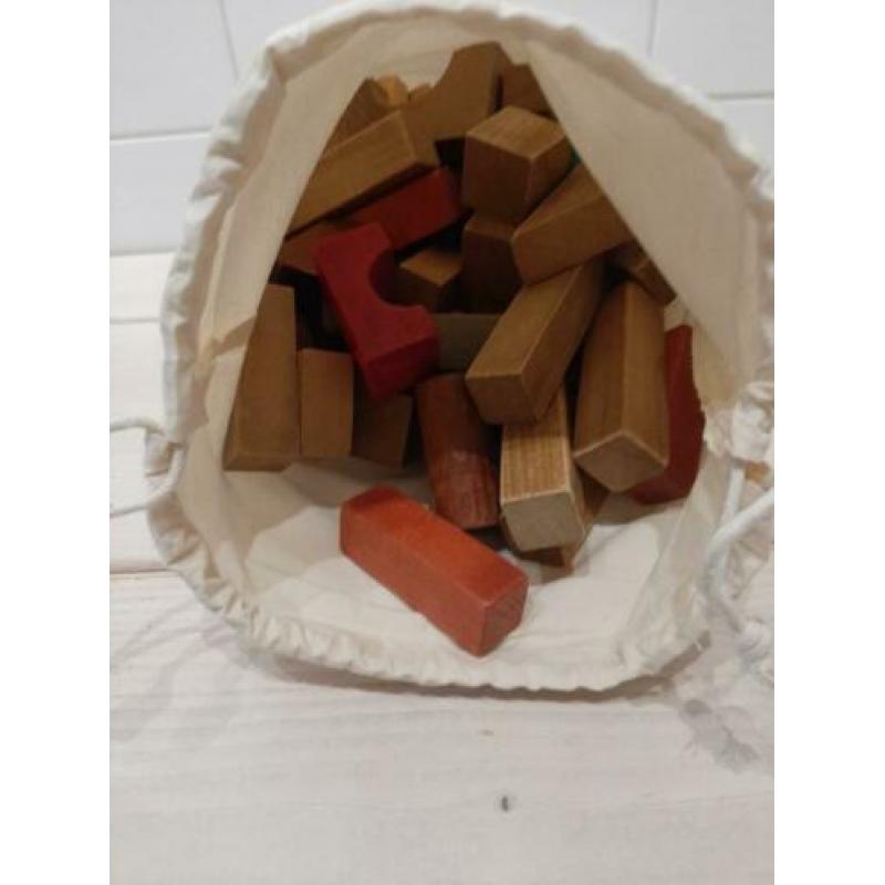 Vintage set houten blokken 125-delig in nieuwe katoenen zak