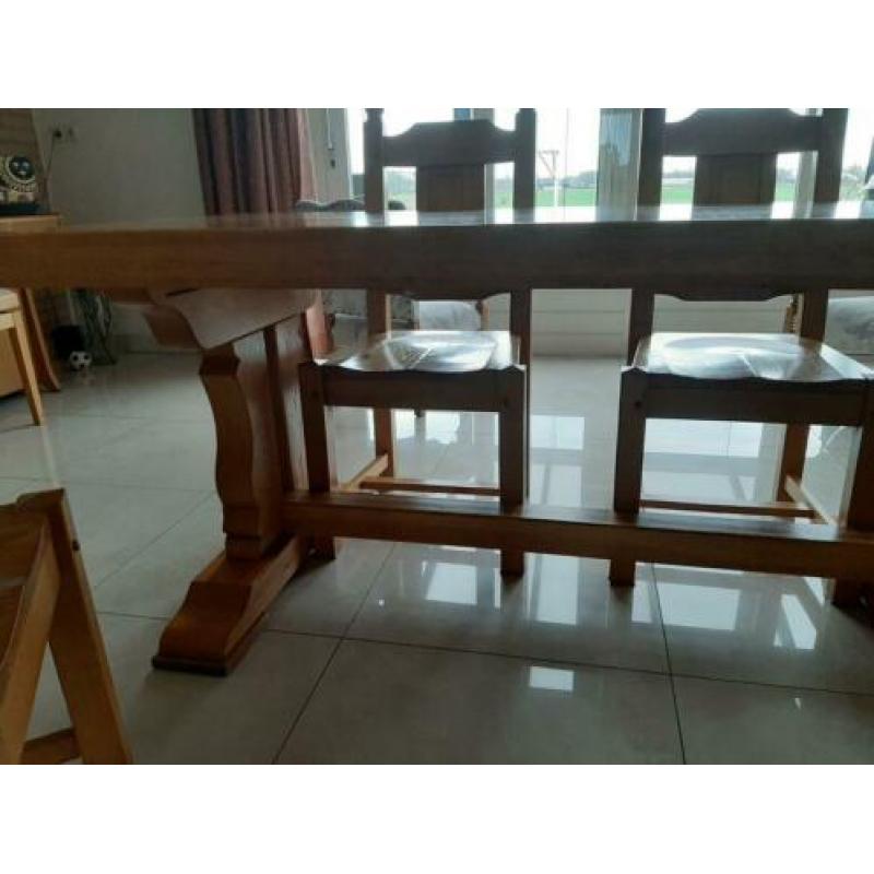 Massief eiken Salontafel, Kamertafel, 4 stoelen.