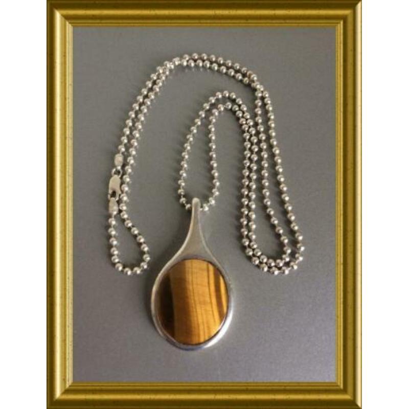 Mooie grote zilveren hanger aan ketting: tijgeroog