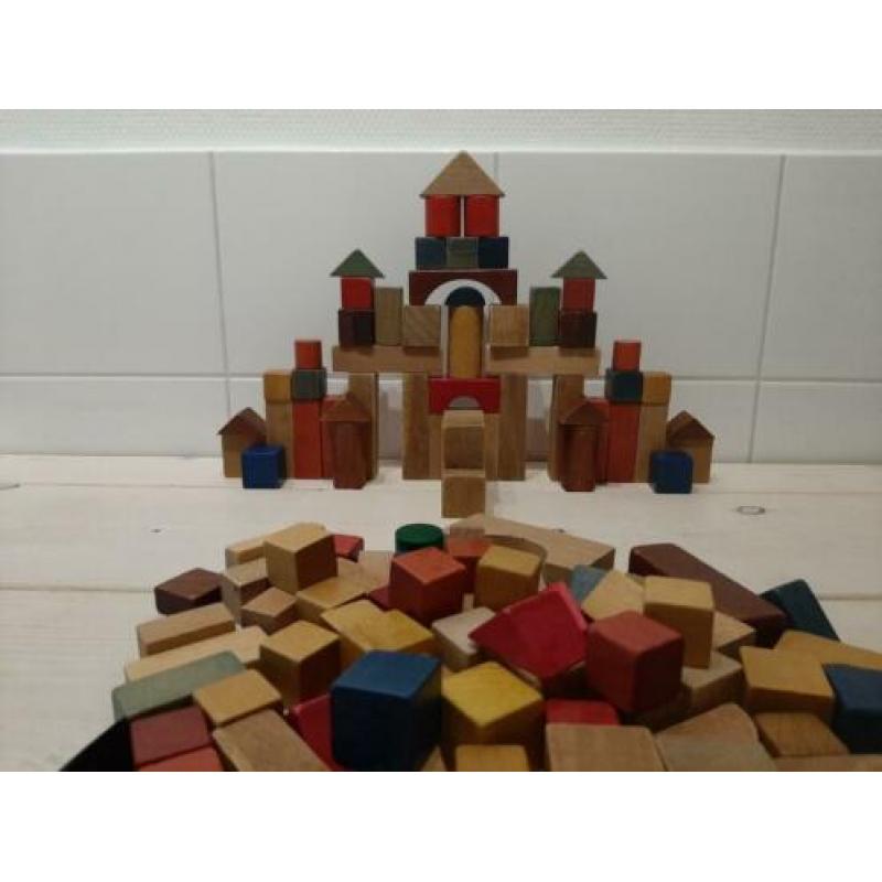 Vintage set houten blokken 125-delig in nieuwe katoenen zak