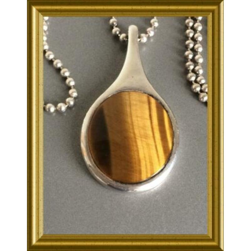 Mooie grote zilveren hanger aan ketting: tijgeroog