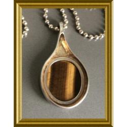 Mooie grote zilveren hanger aan ketting: tijgeroog