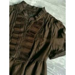 Ted Baker Designer Ruffle top tuniek S 36 Bruin 100% Zijde