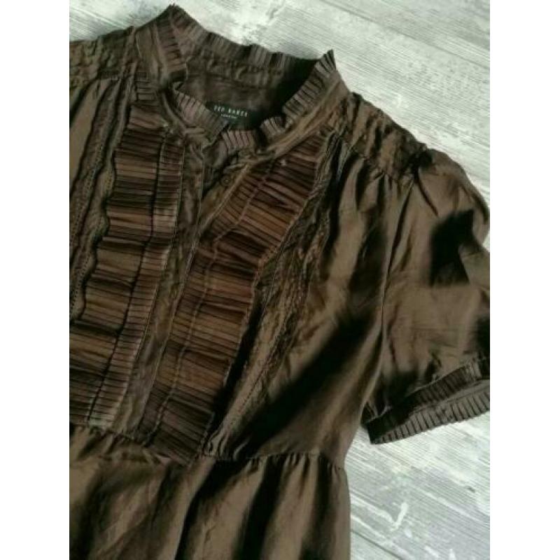 Ted Baker Designer Ruffle top tuniek S 36 Bruin 100% Zijde