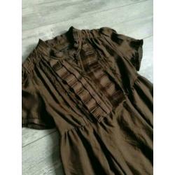 Ted Baker Designer Ruffle top tuniek S 36 Bruin 100% Zijde