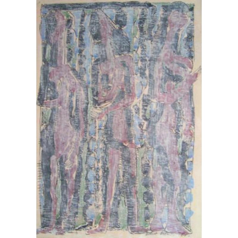 Hubert Bekman mooie wasco tekening " 3 gestalten" paars